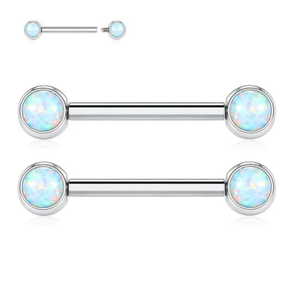 FUNLMO 2pcs Nipple Piercing Jewelry Titanium Nipple Rings Internally Threaded Tongue Rings Bridge Piercing Jewelry Nipple Barbells 14G 12-20mm - color: Silver,White Opal