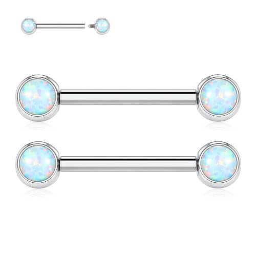 FUNLMO 2pcs Nipple Piercing Jewelry Titanium Nipple Rings Internally Threaded Tongue Rings Bridge Piercing Jewelry Nipple Barbells 14G 12-20mm - color: Silver,White Opal