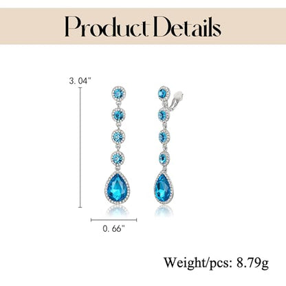 EleQueen Women's Wedding Crystal Teardrop Pear Shape 3 Inch Clip on Long Dangle Earrings for Bride Bridesmaid, Jewelry for Party Prom/Anniversary - color: Light Blue Silver-Tone
