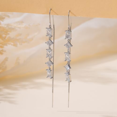 Silver Dangle Earrings Women Dangling Drop Bridesmaid Wedding Prom Jewelry - color: Silver square cz