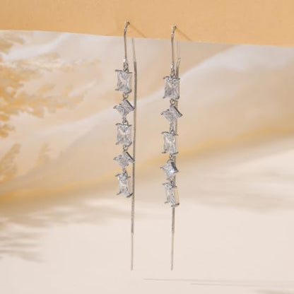 Silver Dangle Earrings Women Dangling Drop Bridesmaid Wedding Prom Jewelry - color: Silver square cz
