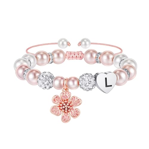 MONOOC Flower Charm Bracelet for Girls Kids - Birthday Gifts for Kids Girls | Gift Box Packaging, Flower Girl Gift，Adjustable Length， Pink Beaded Bracelet for Teen Girls Kids，Unique Initial Bracelet - color: L