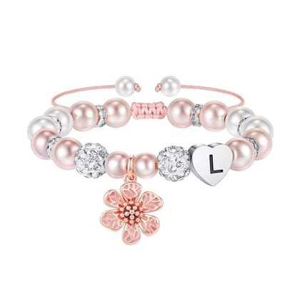 MONOOC Flower Charm Bracelet for Girls Kids - Birthday Gifts for Kids Girls | Gift Box Packaging, Flower Girl Gift，Adjustable Length， Pink Beaded Bracelet for Teen Girls Kids，Unique Initial Bracelet - color: L