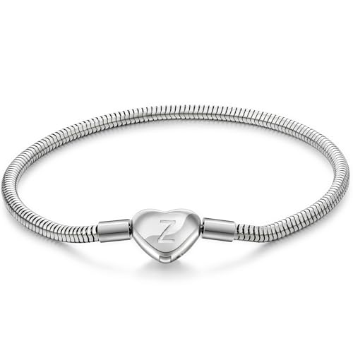 Initial Bracelet Heart Clasp Stainless Steel Snake Chain Alphabet Letter Charm Gift for Women Mom Girlfriend Wife - style: Z