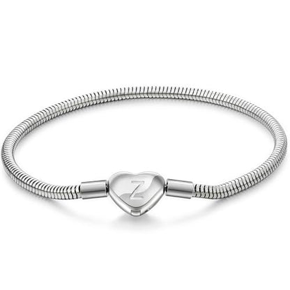 Initial Bracelet Heart Clasp Stainless Steel Snake Chain Alphabet Letter Charm Gift for Women Mom Girlfriend Wife - style: Z