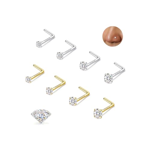 GEMQUEEN 8Pcs Moissanite & Implant Grade G23 Titanium Nose Studs : 18K Gold Plated L Shaped Nose Ring Set Hypoallergenic 18G 20G Small Nostril Piercing Jewelry for Women Men 1.5/2/2.5/3mm D Color VVS1 - color: Titanium+Gold, size: 18G(1.0mm)-Moissanite-1.