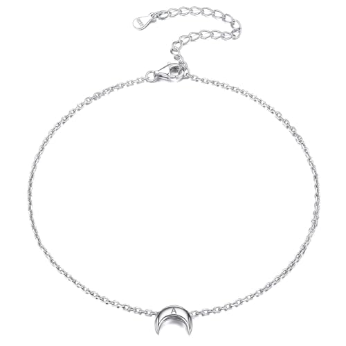 ChicSilver Personalized 925 Sterling Silver Tiny Heart/Moon/Star/Sun/Dot/Triangle Anklets Simple Dainty Foot Jewelry for Women, Silver/Gold Plated/Rose Gold Plated - style: Silver Moon Custom
