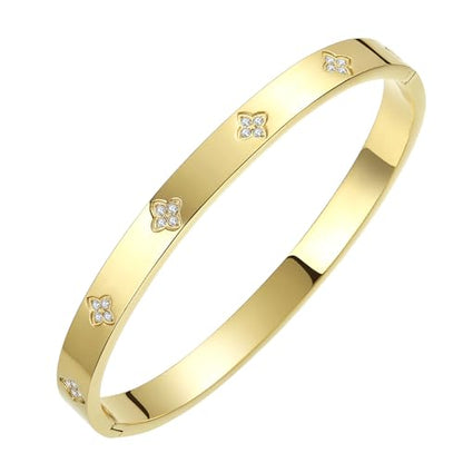 14K Gold Plated Four Leaf Clover Bangle Bracelet | Stainless Steel Lucky Love Cuff with Cubic Zirconia, Hypoallergenic Jewelry Gift for Women - color: Clover Gold-Medium
