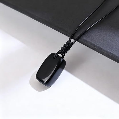 Natural Gemstone Pendant Necklace Healing Crystal Choker Necklace Adjustable Waxed Black Rope for Women Men - color: Obsidian