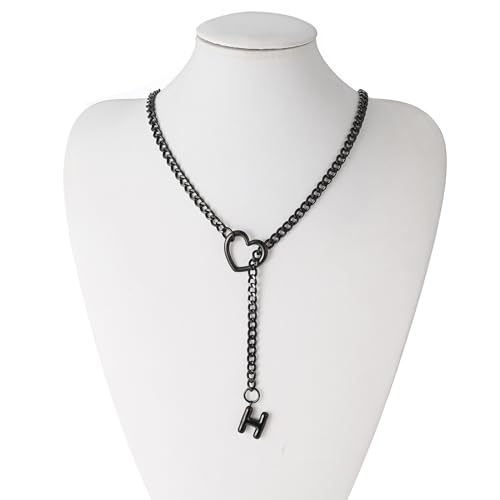 sroyte Black Heart Slip Chain Initial Necklaces for Women,Stainless Steel O-Ring Adjustable Lariat Heart Y-Necklace,Punk Gothic Cuban Collar Choker Necklace for women - color: Black H