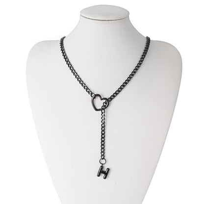 sroyte Black Heart Slip Chain Initial Necklaces for Women,Stainless Steel O-Ring Adjustable Lariat Heart Y-Necklace,Punk Gothic Cuban Collar Choker Necklace for women - color: Black H