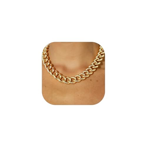 FOCALOOK Chunky Gold Necklace for Women, 14K Gold Plated Thick Gold Cuban Chains Lightweight Womens Choker Necklace for Daily Wear 13mm/16mm/23mm Punk Hip Hop Statement Jewelry - color: 16mm-Gold Chain, size: 18 Inch