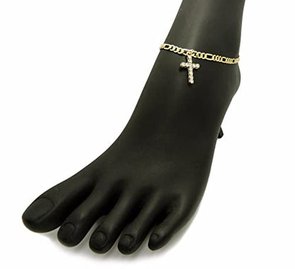WOMEN'S GOLD PLATED BRASS CZ STONES CROSS CHARM & 3mm 10" FIGARO CHAIN FASHION ANKLET BRACELET