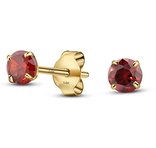 Solid 14K Yellow Gold Round Solitaire Simulated-Birthstone Minimalist Stud Earring - color: 01-January, size: 3mm