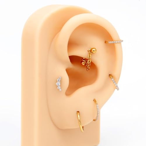 3 Pcs 316L Stainless Steel 16G Tragus Helix Rook Piercing Jewelry with Chain, Cartilage Earrings for Women, Belly Button Ring Vertical Labret Lip Piercing Jewelry - color: Gold, size: Ball