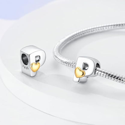 Two-Tone Gold Heart S925 Silver Letter Charm Fits Pandora Bracelet Necklace | Initial Bead Two-Tone Gold Heart, DIY European Bracelet Accessory, Gift for Ladies Birthday Anniversary Valentine - style: P