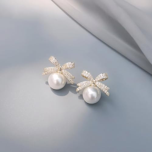 Gold Bow Earrings for Women, Long Tassel Chain Drop Earrings, Trendy Small Bow Earrings, Ribbon Waterfall Dangling Earrings, Pearl Bow Earrings, Sparkly Elegant Bowknot Preppy Jewelry Gifts for Women - color: Gold Bow-J