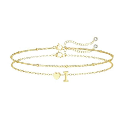 Gold Initial Bracelets for Women Trendy, Dainty Layered 14K Gold Plated Heart Letter Charm Bracelets, letter beads for name bracelets Jewelry Gifts - color: Gold-I