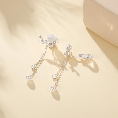 Awinesn Clip on Earrings Dangle Pearl Drop Clip Earrings for Women Trendy Dangle Chain Dainty Flower Wedding Earrings for Brides 14K Gold Plated Statement Non Pierced Earrings for Women Sparkly Jewelry - style: fugu-flower-s