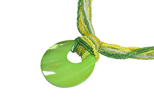 Coiris Multi Strand Statement Colorful Beaded Necklace with Big Circle Shell Pendant for Women - color: Jasmine Green