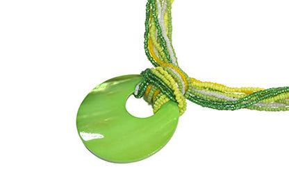 Coiris Multi Strand Statement Colorful Beaded Necklace with Big Circle Shell Pendant for Women - color: Jasmine Green