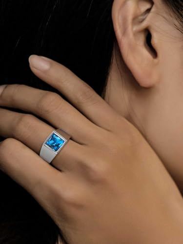 KeyStyle Square Gemstone Signet Rings for Men, Personalized Stainless Steel Pinky Ring with Black Onxy Blue Topaz Birthstone Statement Ring - color: 316L Stainless Steel- Blue Topaz-8mm