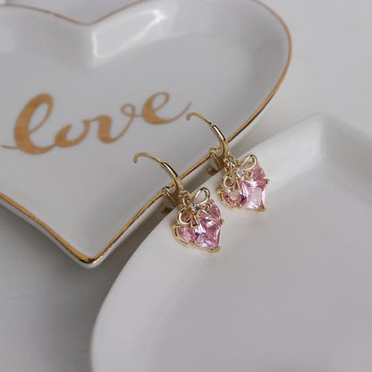Sonateomber Gold Silver Small Hoop Dangle Earrings for Women, Trendy Dainty Rhinestone CZ Dangling Prom Wedding Leaf Flower Snowflake Butterfly Starfish Fashion Jewelry Gift - color: Pink Heart