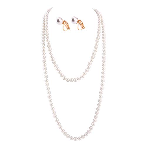 Handmade Faux Pearl Necklace and Clip on Earrings Jewelry Sets for Women Bib Choker Collar Necklace - color: 140cm White Necklace+Clip Earrings