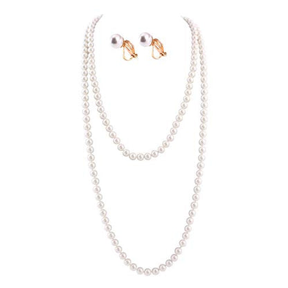 Handmade Faux Pearl Necklace and Clip on Earrings Jewelry Sets for Women Bib Choker Collar Necklace - color: 140cm White Necklace+Clip Earrings