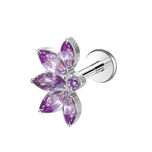 1pcs 16G 18G G23 Titanium Threadless Labret Studs Push-in Labret Lip Cluster Tragus Helix Conch Lobe Rook Cartilage Push Back Piercing Jewelry Earring - style: 5 eye-Purple