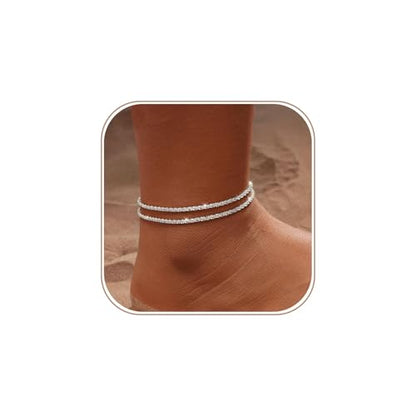 Gold/Silver Ankle Bracelets for Women,14K Gold Anklets for Women Waterproof Sparkly Chain Rhinestone Anklets Set Stackable Layered Anklet Bracelets for Women Beach Gold Jewelry Gift - style: Sparkly SL
