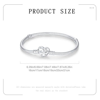 925 Sterling Silver Charm Bracelet for Women Snake Chain Dog Paw Print Clover Horseshoe Heart Moments European Bracelet Jewelry Gift, 16.0 Centimeters