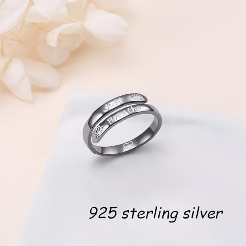 Ladytree Adjustable Inspirational Rings 925 Sterling Silver Stacking Wrap Spiral Twist Statement Band Encouragement Birthday Gift for Women Men - style: just breathe black