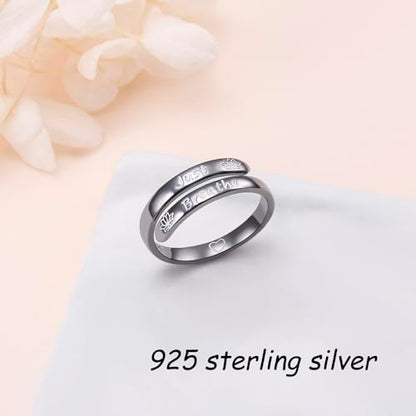 Ladytree Adjustable Inspirational Rings 925 Sterling Silver Stacking Wrap Spiral Twist Statement Band Encouragement Birthday Gift for Women Men - style: just breathe black