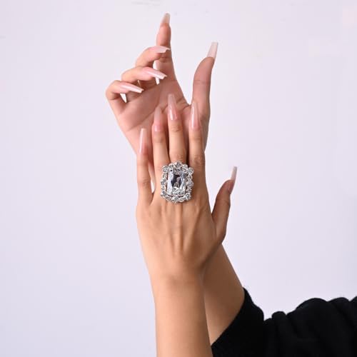 Silver Rectangle Rhinestone Statement Ring for Women Luxury Fashion Exaggerated Large Thick Chunky Geometric Crystal Finger Knuckle Band Wrap Open Adjustable Rings Wedding Cocktail Prom Party Jewelry Gift - color: Silver