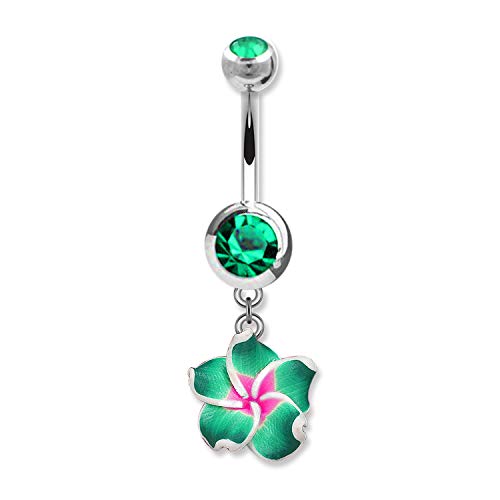 Assorted Set 14 Gauge 3/8 Inch 316L Surgical Steel Barbell Belly Button Navel Rings Dangles Boho Hawaiian Plumeria Flower - style: 4 Belly Dangle