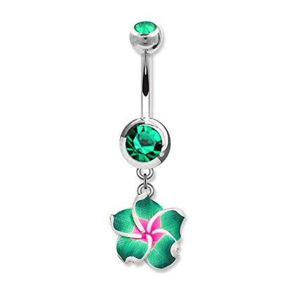 Assorted Set 14 Gauge 3/8 Inch 316L Surgical Steel Barbell Belly Button Navel Rings Dangles Boho Hawaiian Plumeria Flower - style: 4 Belly Dangle