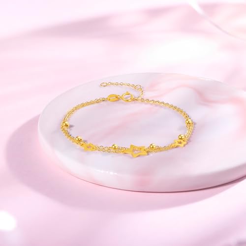 ZHOU LIU FU 18K Yellow Gold Charm Bracelet Hollow Heart Star Butterfly Charms Delicate Double Chain Bracelets Adjustable Cute Jewelry for Women Her Mom Daughter Birthday Anniversary 16+3cm/6.3-7.5" - style: Star