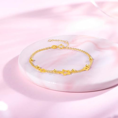 ZHOU LIU FU 18K Yellow Gold Charm Bracelet Hollow Heart Star Butterfly Charms Delicate Double Chain Bracelets Adjustable Cute Jewelry for Women Her Mom Daughter Birthday Anniversary 16+3cm/6.3-7.5" - style: Star