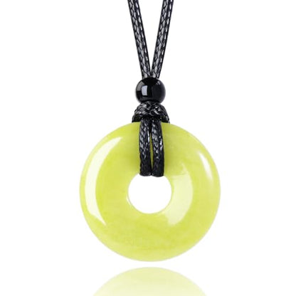 FANASY Natural Gemstone Pendant Necklce Lucky Coin Crystal Necklace Protection Donut Pendnat with Adjustable Rope for Men Women - color: Lemon Quartz