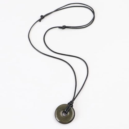 Anjiucc Natural Gemstone Pendant Necklce Lucky Coin Crystal Necklace Donut Pendnat with Adjustable Rope Healing Crystal for Men - color: Gold Sheen Obsidian