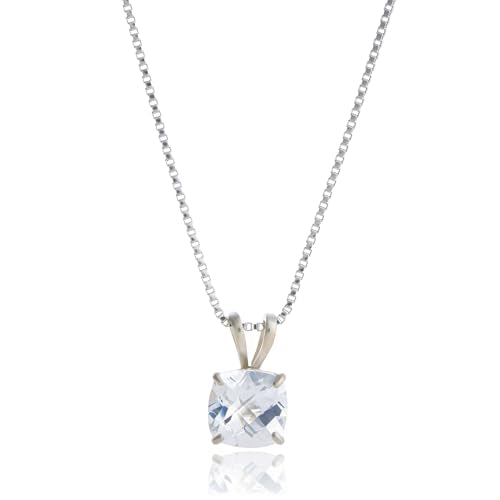 MAX + STONE 925 Sterling Silver Cushion Cut Birthstone Necklace for Women | 6mm Hypoallergenic Solitaire Necklace | Gemstone Pendant Necklaces with 18 inch Box Chain - color: Created White Sapphire