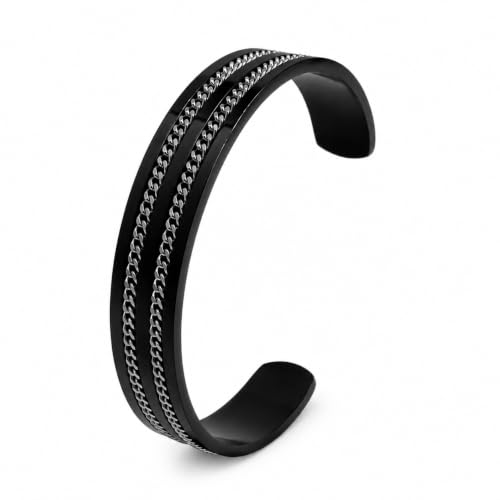 Stainless Steel Cuff Bracelet with Inlaid Chain,Sleek Open Bangle - color: Black Cuff with Double Silver Chain