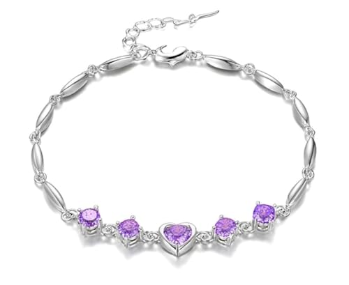 Nilu's Collection Women's Copper Sterling Silver Heart Shape Stone Charm Bracelet - color: Purple & Silver