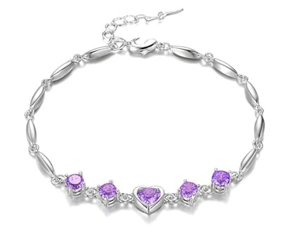 Nilu's Collection Women's Copper Sterling Silver Heart Shape Stone Charm Bracelet - color: Purple & Silver