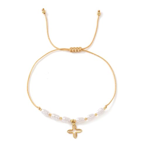 Boho Glass Seed Beaded Bracelets For Women, Handmade Romantic Gold Plated charm String Braided Rope Adjustable Jewelry, Summer Beach Daily Party Friendship Gift - color: Pearl Cross