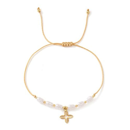 Boho Glass Seed Beaded Bracelets For Women, Handmade Romantic Gold Plated charm String Braided Rope Adjustable Jewelry, Summer Beach Daily Party Friendship Gift - color: Pearl Cross