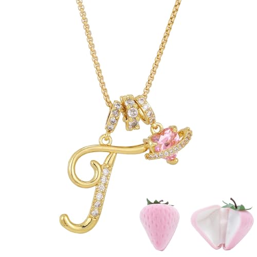 Initial Letter Necklace with Pink Heart Charm, Sparkling Zircon Alphabet Pendant in Gold or Silver Tone, Sweet Style Jewelry with Gift Box, Letter Chain for Daily Wear and Gift - color: Gold+Pink Box, size: #T