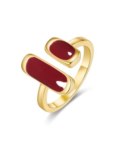 SNGIA 18K Gold Plated Maroon Burgundy Red Enamel Square Rectagnular Adjustable Statement Open Ring for Women by SNGIA, Dainty Irregular Geometric Summer Beach Unique Stackable Wedding Date Birthday Gift, Bohemian Irregular Trendy Navy Jewelry, Textured Pa