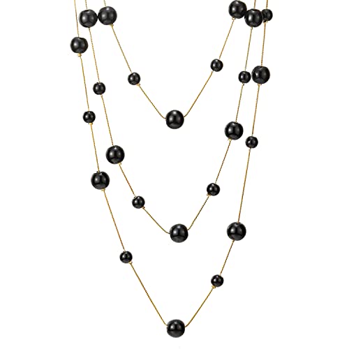 Statement Necklace Three-Strand Long Chains with Synthetic Pearl Beads, Elegant, Dress - color: E-Beads Color: Black